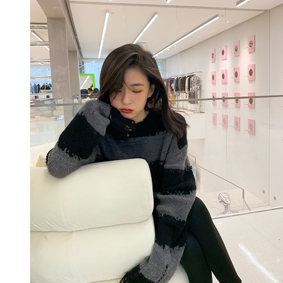 Striped Black and Gray Women's Sweater - Picture 3 of 8